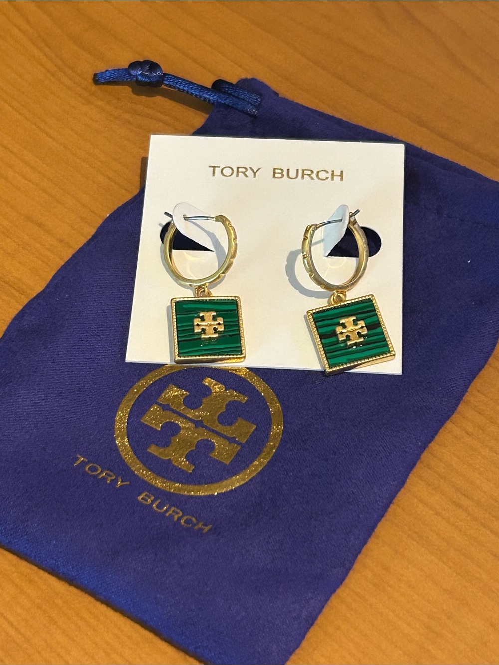 Tory Burch Gold Earrings with Green Lapis stone and logo
